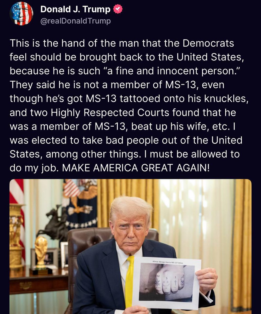 charliekirk11's tweet image. President Trump posts a picture with the knuckles of Kilmar Abrego Garcia prominently featured with tattoos showing his gang affiliation with MS-13, which has been classified as a terrorist organization by the Trump administration.