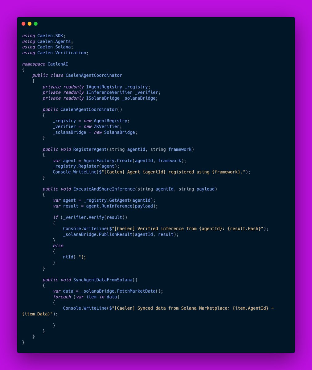CaelenAI's tweet photo. At the core of Caelen AI is a seamless coordination layer—where agents register, verify inferences, and sync data across Solana.

This is how decentralized intelligence operates in real time.

Caelen isn’t just theory. It’s running code. https://t.co/KrOE9QaTq5