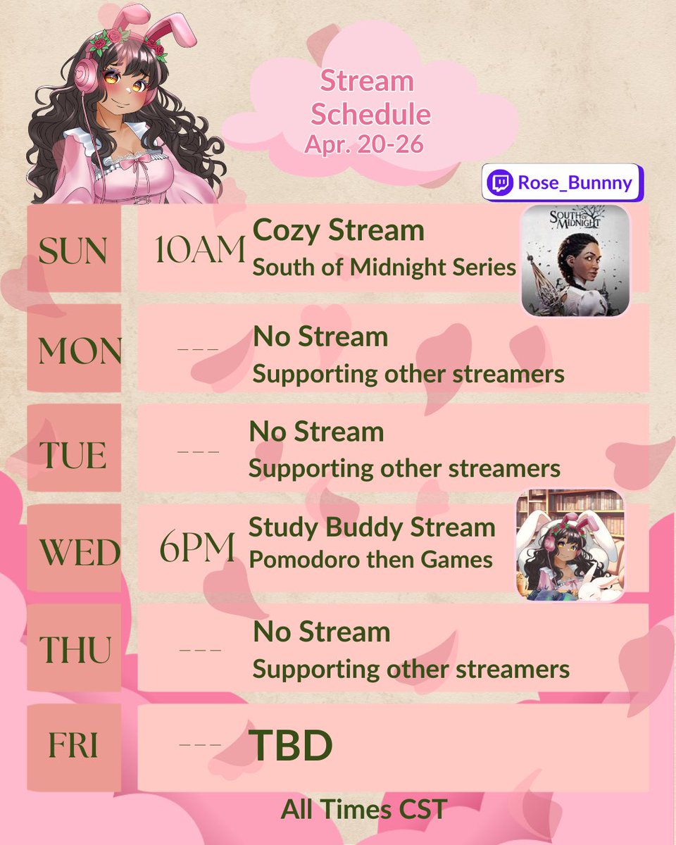 Schedule for next week! 
#twitchstreamer