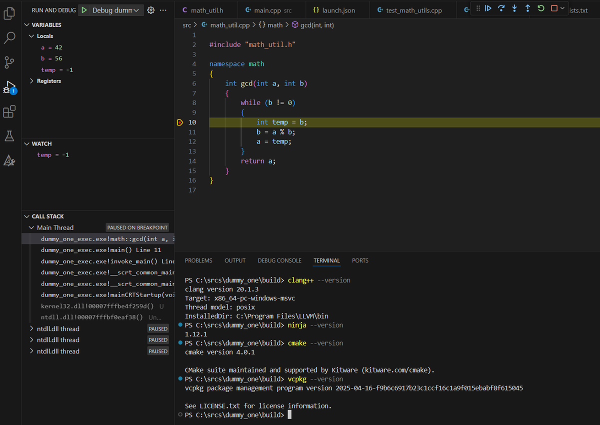 FarhangAmary's tweet photo. Pure LLVM joy on Windows! 🖥️✨
Spent the whole day 😩 setting up my C++ dev environment on a Windows machine...
🚫 No MS Visual Studio
🚫 No MSBuild
✅ clang[++]
✅ cmake + ninja
✅ vcpkg
✅ googletest
✅ Debugging in VS Code🐞
#cpp #vscode #llvm #clang #cmake #ninja #googletest https://t.co/BbIn0qsNMN