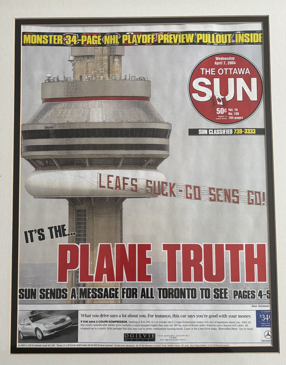 In 2004, as EIC of the Ottawa Sun, I hired a plane to tow a banner reading “Leafs Suck, go Sens Go” over the downtown core of Toronto. Seemed like an appropriate kickoff to the Battle of Ontario.