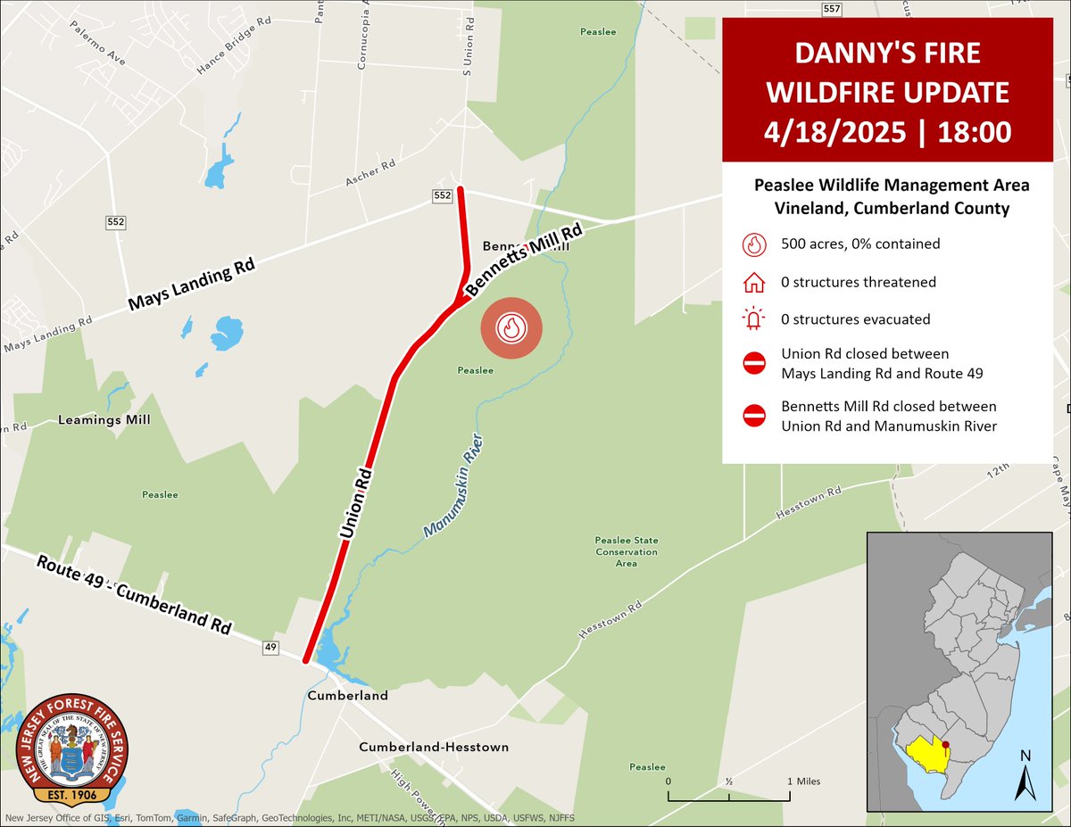 WILDFIRE UPDATE: Danny’s Wildfire - Peaslee Wildlife Management Area - Vineland, Cumberland County

@NJDEPForestFire crews remain on scene of a wildfire burning in a remote area of the Peaslee WMA in Vineland, Cumberland County.

SIZE &amp; CONTAINMENT
🔥 500 acres
🔥 0% contained