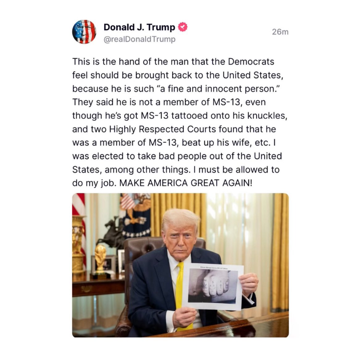 ImMeme0's tweet image. President Trump releases a photo showing the tattoos on Kilmar Garcia Abrego’s hand, identifying him as an MS-13 gang member.