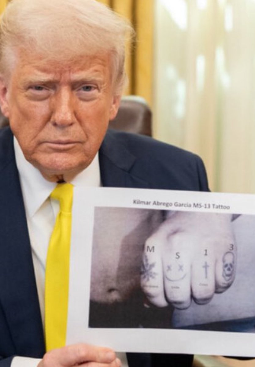 krassenstein's tweet image. BREAKING: Trump just blasted out a photo of Ebrego Garcia’s hand tattoos with “MS‑13” Photoshopped on top.
Here’s the “decoding” genius at work:
- Pot leaf = M
- Smiley face = S
- Cross = 1
- Skull = 3
That’s not evidence; it’s a connect‑the‑dots for people who already know…