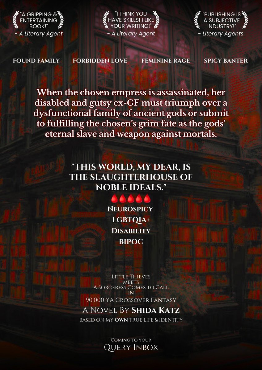 Wisteraverse's tweet photo. "This world, my dear, is the slaughterhouse of noble ideals."
Rep. 🏳️‍🌈,♿️, BIPOC, Neurospicy, OwnVoices
Tropes: Found Family, Spicy Banter, Forbidden Love
#PosterPitQ #F #YA #PosterPit #WritingCommunity https://t.co/XzNzewNSxA