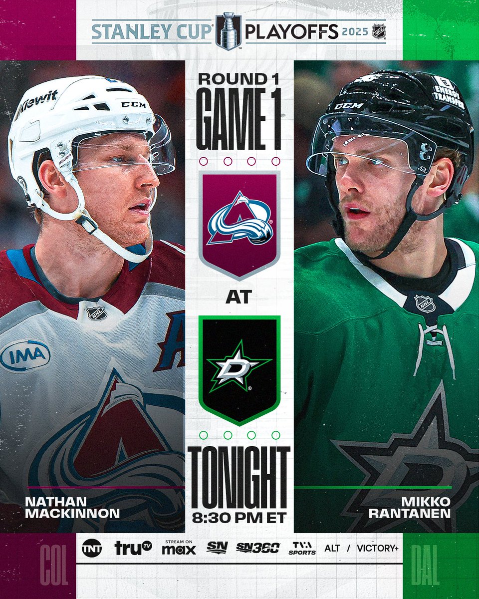 NHL Public Relations (@nhlpr) on Twitter photo Nathan MacKinnon and the <a href="/Avalanche/">x - Colorado Avalanche</a> will go against a familiar face when they take on Mikko Rantanen and the <a href="/DallasStars/">X - Dallas Stars</a> to close out the first night of the 2025 #StanleyCup Playoffs.
🕣: 8:30 p.m. ET
📺: <a href="/NHL_On_TNT/">NHLonTNT</a> (truTV), <a href="/SportsonMax/">Sports on Max</a>, <a href="/Sportsnet/">Sportsnet</a>, SN360, <a href="/TVASports/">TVA Sports</a> Nathan MacKinnon and the <a href="/Avalanche/">x - Colorado Avalanche</a> will go against a familiar face when they take on Mikko Rantanen and the <a href="/DallasStars/">X - Dallas Stars</a> to close out the first night of the 2025 #StanleyCup Playoffs.
🕣: 8:30 p.m. ET
📺: <a href="/NHL_On_TNT/">NHLonTNT</a> (truTV), <a href="/SportsonMax/">Sports on Max</a>, <a href="/Sportsnet/">Sportsnet</a>, SN360, <a href="/TVASports/">TVA Sports</a>