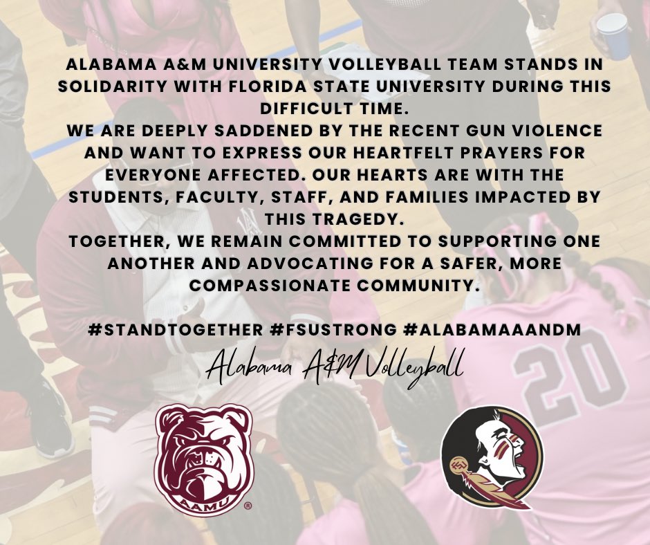 AAMUVOLLEYBALL (@alabamaamvb) on Twitter photo We are deeply saddened by the recent gun violence and want to express our heartfelt prayers for everyone affected. Our hearts are with the students, faculty, staff, and families impacted by this tragedy.
#StandTogether #FSUStrong #AlabamaAandM <a href="/AlabamaAmvb/">AAMUVOLLEYBALL</a> <a href="/Seminoles/">FSU Seminoles</a> We are deeply saddened by the recent gun violence and want to express our heartfelt prayers for everyone affected. Our hearts are with the students, faculty, staff, and families impacted by this tragedy.
#StandTogether #FSUStrong #AlabamaAandM <a href="/AlabamaAmvb/">AAMUVOLLEYBALL</a> <a href="/Seminoles/">FSU Seminoles</a>