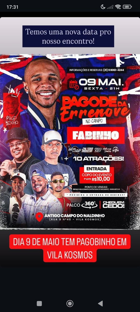 “Temos uma nova data pro nosso encontro! *DIA 9 DE MAIO TEM PAGOBINHO EM VILA KOSMOS*”