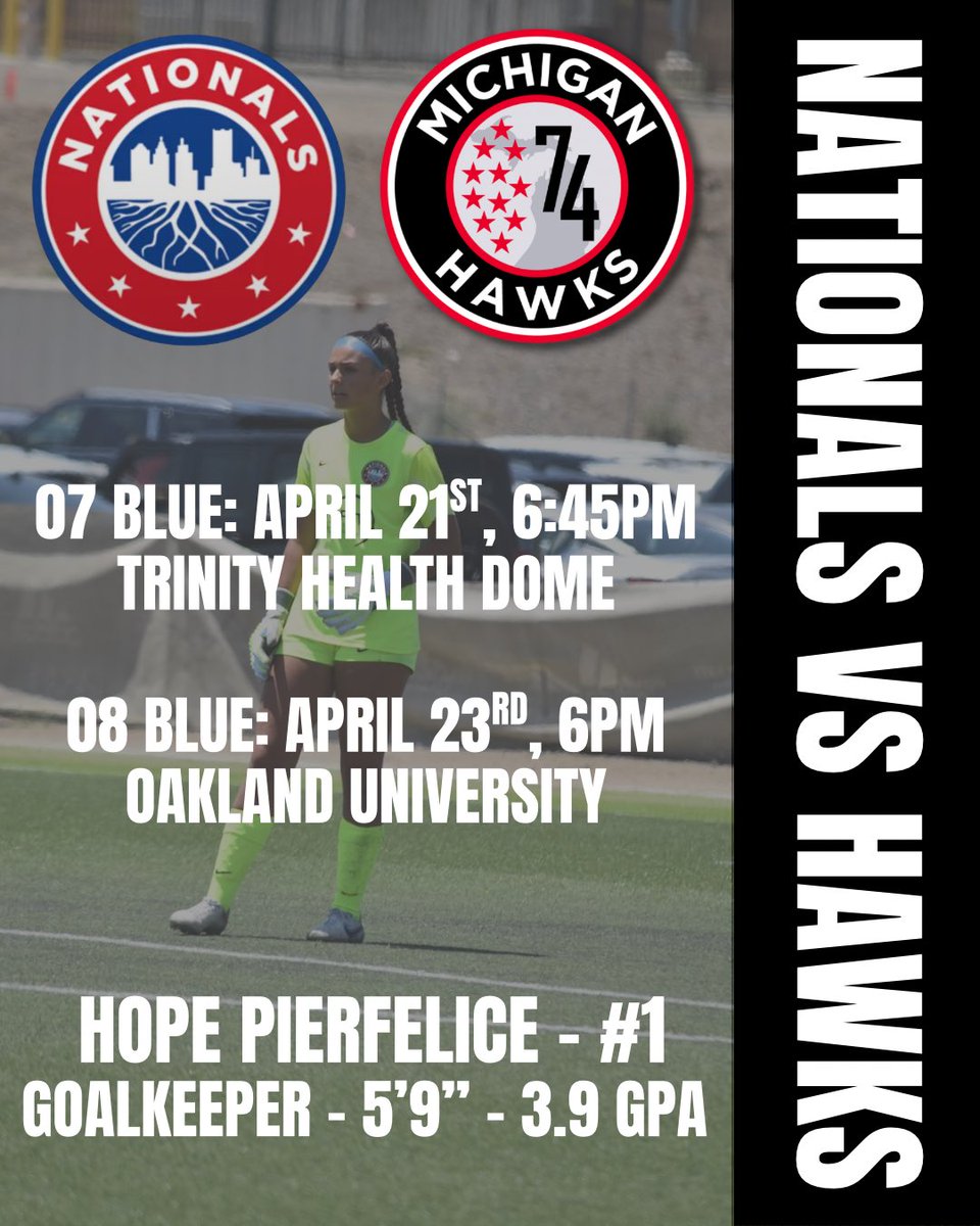 Hope Pierfelice : 2027 : GK (@hopepierfelice) on Twitter photo This upcoming week we have scrimmages against the Michigan Hawks! I will be playing in the 08 and 07 match.
<a href="/NationalsGA/">Nationals Girls Academy</a> <a href="/TheSoccerWire/">SoccerWire</a> <a href="/CoachDR7/">David Robertson</a> This upcoming week we have scrimmages against the Michigan Hawks! I will be playing in the 08 and 07 match.
<a href="/NationalsGA/">Nationals Girls Academy</a> <a href="/TheSoccerWire/">SoccerWire</a> <a href="/CoachDR7/">David Robertson</a>