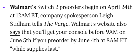 Nintendeal's tweet photo. Another Switch 2 pre-order timing update https://t.co/RysMDRn568

WALMART - April 24 at 12:00am ET

GAMESTOP - April 24 at 11:00am ET

TARGET - April 24 at 12:00am ET

BEST BUY - No time info yet

AMAZON - Doesn't seem like Amazon US will be selling the console or first party games at all, or at least not in the near future