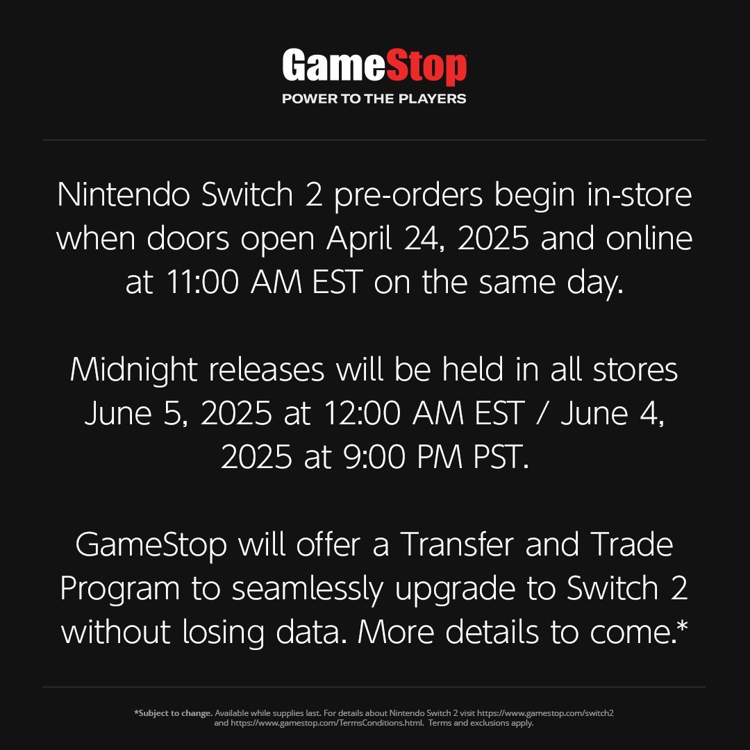 Nintendeal's tweet photo. Another Switch 2 pre-order timing update https://t.co/RysMDRn568

WALMART - April 24 at 12:00am ET

GAMESTOP - April 24 at 11:00am ET

TARGET - April 24 at 12:00am ET

BEST BUY - No time info yet

AMAZON - Doesn't seem like Amazon US will be selling the console or first party games at all, or at least not in the near future