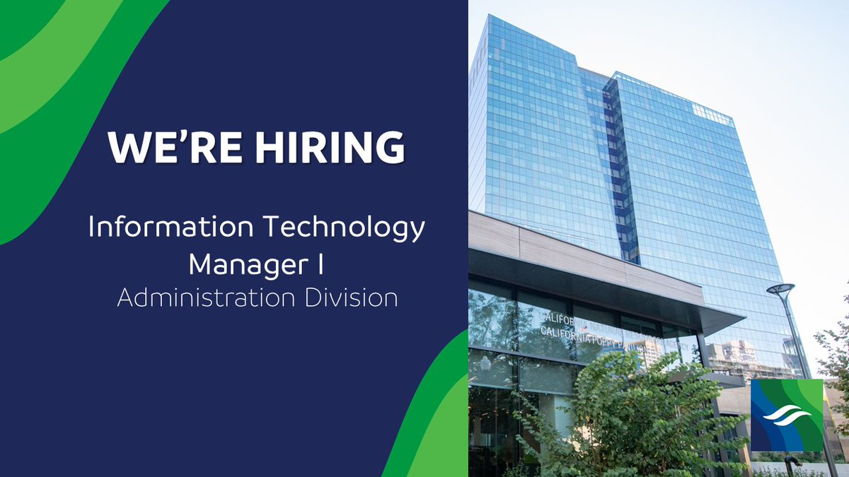 We're #hiring an #informationtechnology #manager! 

Join our team to benefit present and future generations of Californians by ensuring a more reliable #cawater supply and a resilient #sacdelta ecosystem.

Applications are due 5/2 ➡ rebrand.ly/yxwkkzq.