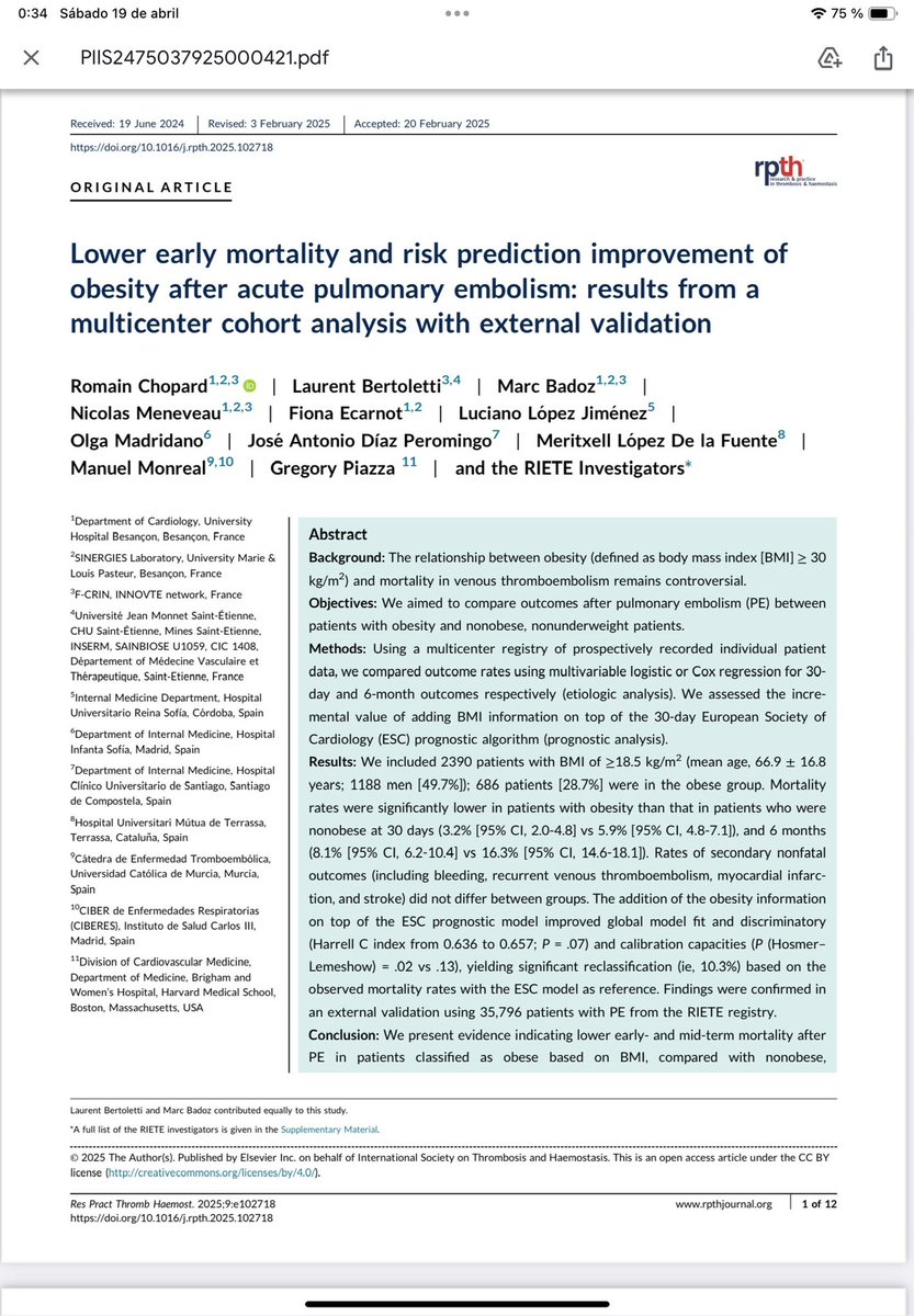 Obese patients with acute PE have a significantly lower mortality 

Find it here: rpthjournal.org/action/showPdf…