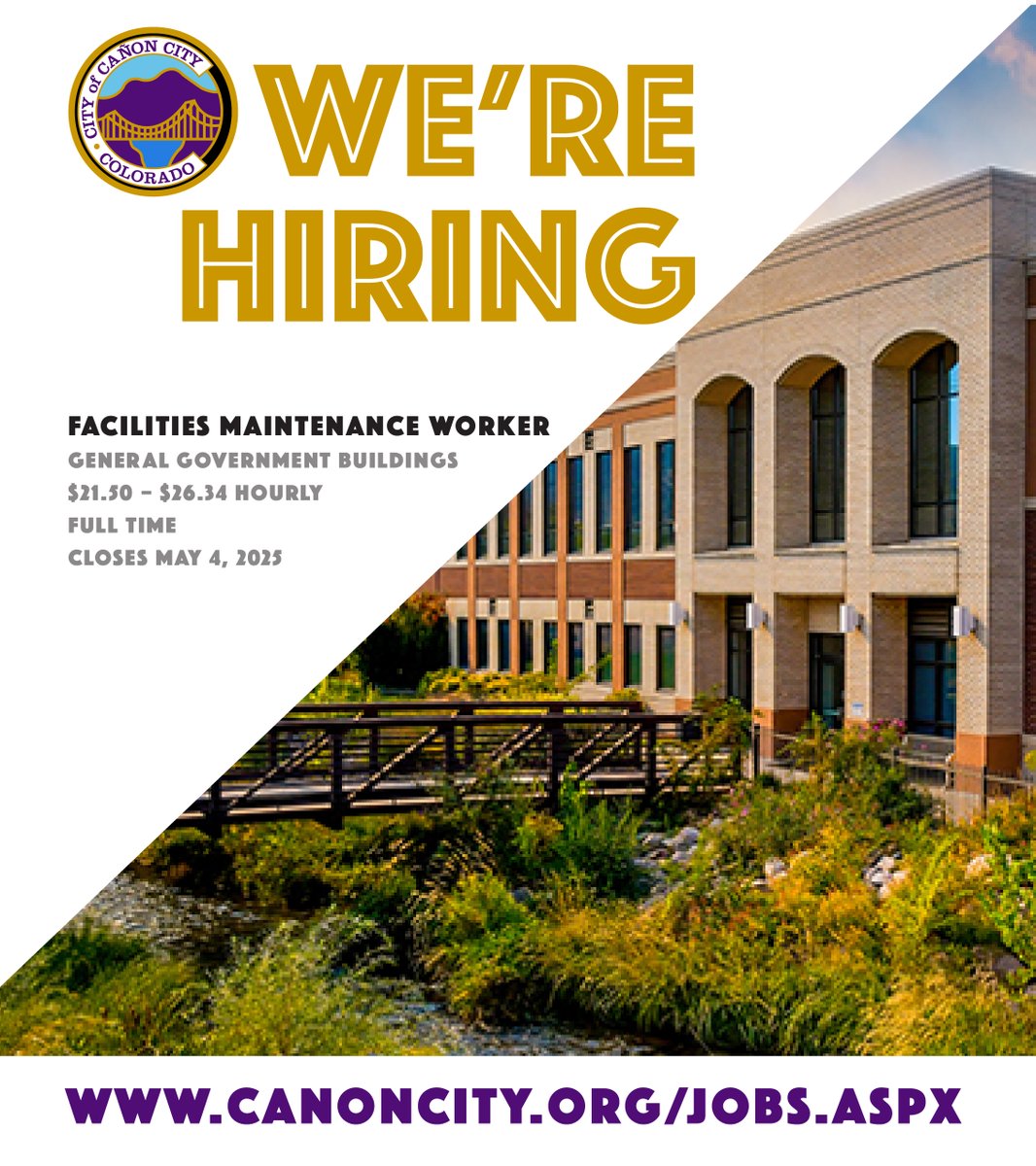 The City of Cañon City is accepting applications for a Facilities Maintenance Worker for General Government Buildings. Full-time, $21.50 - $26.34 hourly. Closes Sunday, May 4, 2025 at midnight. Visit recruiting.paylocity.com/Recruiting/Job… to view the full job description and apply!