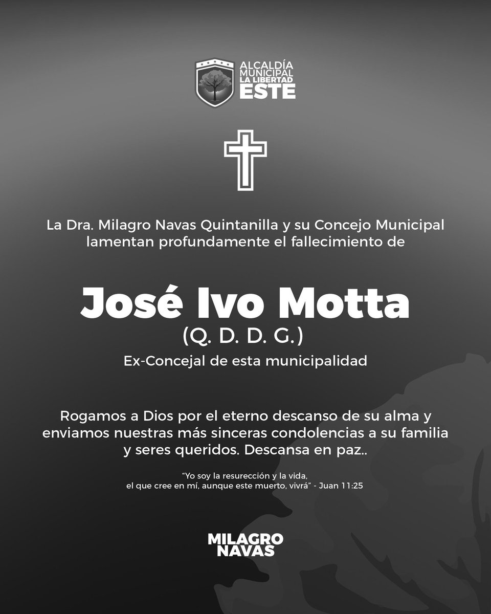 🕊️✝️ #Esquela por el eterno descanso del Ex Concejal de Antiguo Cuscatlán, Sr. José Ivo Motta. 
.
#MilagroNavas #LaLibertadEste