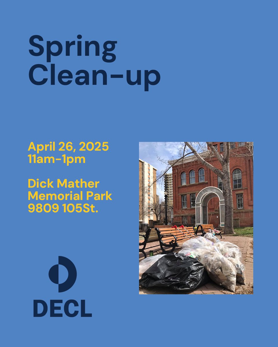 Let's spruce up the neighbourhood!

🗓️ Saturday, April 26, 2025
⏰ 11am -1pm
📍Dick Mather Memorial Park (9809 105 St)
 
Join us for our Annual Spring Clean-Up, a great way to help clean up your community and enjoy some time outdoors!
 
decl.org/2025/04/18/spr…
 
I ❤️ #yegdt
