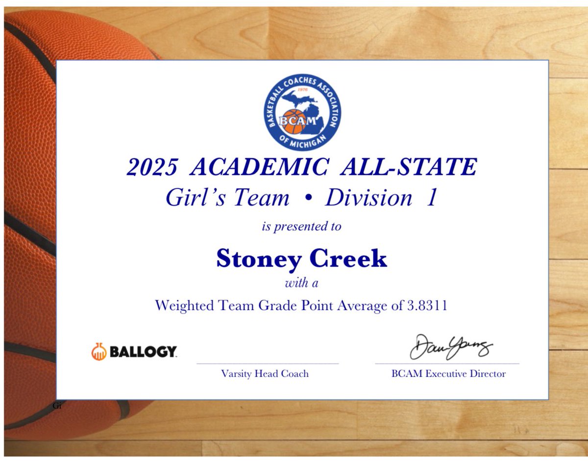 StoneyCreekGBB (@stoneycreekwbb) on Twitter photo Make that 2 years in a row we earned <a href="/BCAMCoaches/">BCAM</a> academic all state with a GPA of 3.8311 which is up from last years 3.7627. Very proud of these STUDENT athletes. #WeAreSC <a href="/coach_lumbo/">Coach Lumbo</a> <a href="/BK2THEFULLEST/">Brandon Karas</a> <a href="/Devbuckets/">Devin Goodwyn</a> <a href="/joeytocco3/">Joey Tocco</a> <a href="/StoneyCreek_AD/">Stoney Creek AD</a> <a href="/CoachKluzak/">Jason Kluzak</a> <a href="/MichHSBball/">Mich HS Bball</a> Make that 2 years in a row we earned <a href="/BCAMCoaches/">BCAM</a> academic all state with a GPA of 3.8311 which is up from last years 3.7627. Very proud of these STUDENT athletes. #WeAreSC <a href="/coach_lumbo/">Coach Lumbo</a> <a href="/BK2THEFULLEST/">Brandon Karas</a> <a href="/Devbuckets/">Devin Goodwyn</a> <a href="/joeytocco3/">Joey Tocco</a> <a href="/StoneyCreek_AD/">Stoney Creek AD</a> <a href="/CoachKluzak/">Jason Kluzak</a> <a href="/MichHSBball/">Mich HS Bball</a>