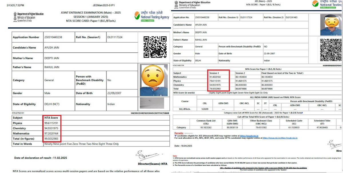 shweta60679393's tweet photo. @NTA_Exams
🚨 please look into this serious discrepancy!
My son JEE Main 2025 Session 1 score (declared on Feb 11) was 99.50, but the combined scorecard released on Apr 18 wrongly shows it as 79.50. This error impact rank & eligibility! 🙏
#JEE2025 #NTAError #StudentVoices https://t.co/XpxSFLBW5T