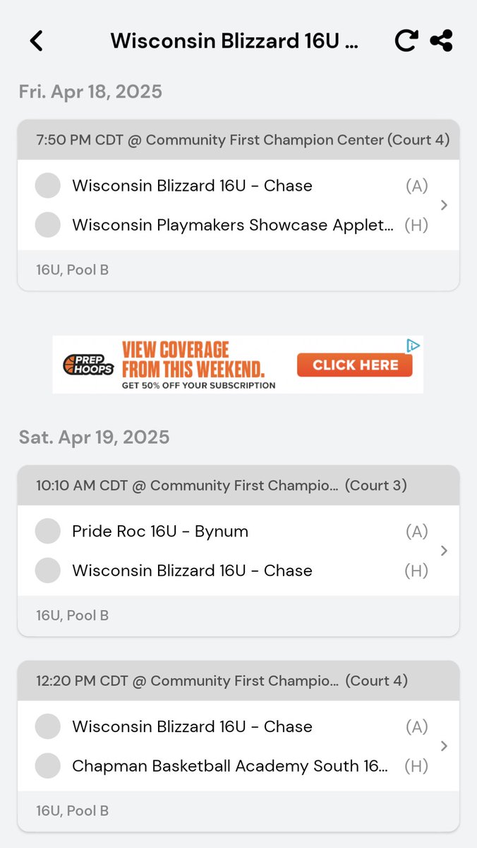 Excited to be playing with Wisconsin Blizzard - Chase 16U at the Prep Hoops: Madness in the Midwest at the Champion Center in Appleton, WI this weekend! My game schedule is below...