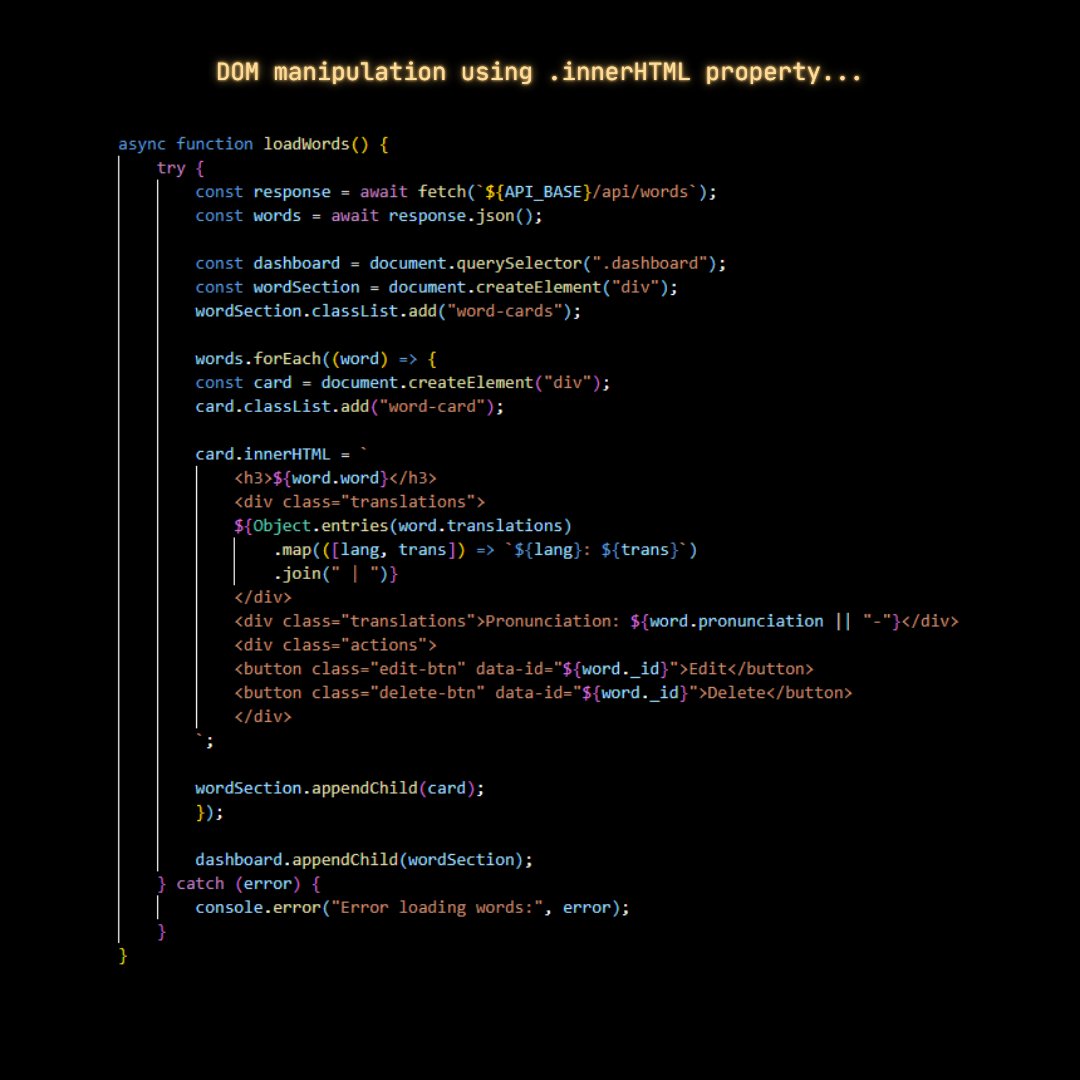 TylerRTDev's tweet photo. 💻 Day 59 of #100DaysOfCode #Coding #CodingJourney #LearnToCode #DevJourney #Tech #TechProject

Tuning some aspects here and making good use of DOM manipulation and the .innerHTML property.

Not best practice but a start, more adjustments coming... #JavaScript 🚀 https://t.co/hJgbWLF8d1