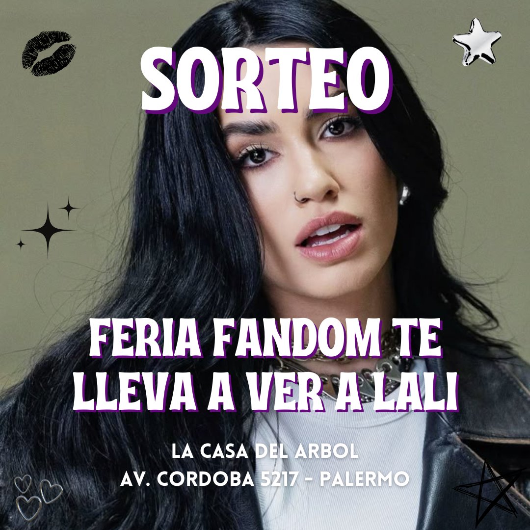 ⭐SORTEO LALI ⭐
Desde feria fandom te llevamos a ver a Lali en el Vélez 🫶🏻
El único requisito para participar edñs venir a la feria y comprar un producto a los emprendimientos 🙌🏻
Te esperamos en Av Córdoba 5217, Palermo en "La casa del arbol"