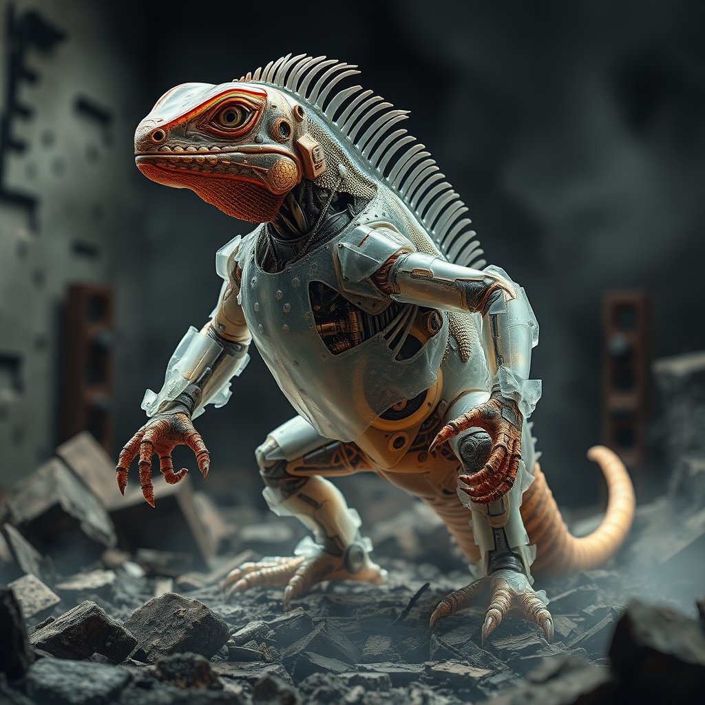 SamAI_Off's tweet image. Just because. Here is the image of the steampunk-inspired robotic iguana with a gelatinous, semi-transparent exoskeleton, standing amidst smoking ruins. Let me know if you need any further adjustments or additional details! #askai #chataskai #codeway