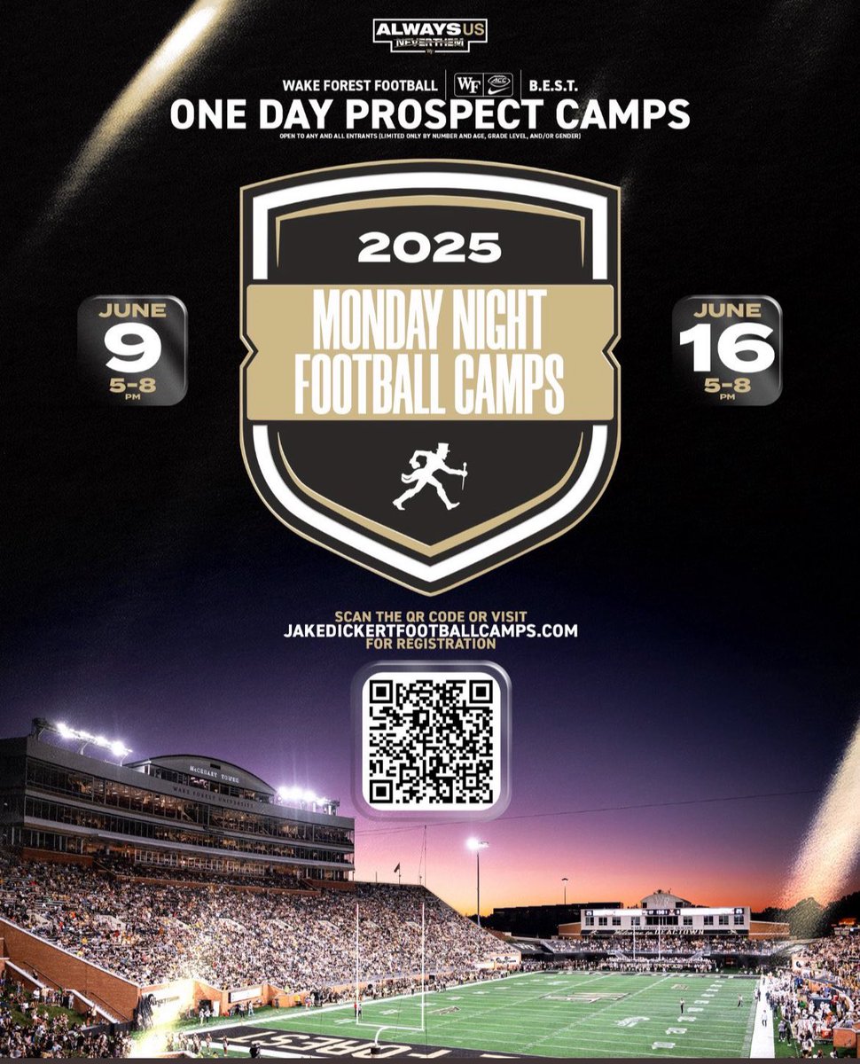 Thank you <a href="/Justin_M1202/">Justin Morrison</a> for inviting me to the <a href="/WakeForest/">Wake Forest University</a> camp this summer
<a href="/pepman704/">Matt Morrow</a> 
<a href="/Jalen_Sowell/">Jalen Sowell</a> 
<a href="/Monteray23/">Unified Sports Training</a> 
<a href="/Monroe_Redhawks/">Monroe Redhawks Football 🏈</a> 
<a href="/gobigrecruiting/">Go Big Recruiting</a> 
<a href="/LeaveNoDoubt75/">Dr. Daniel L. Goings</a> 
<a href="/RyanBartow/">RyanBartow</a> 
<a href="/One11Recruiting/">One11 Recruiting</a>