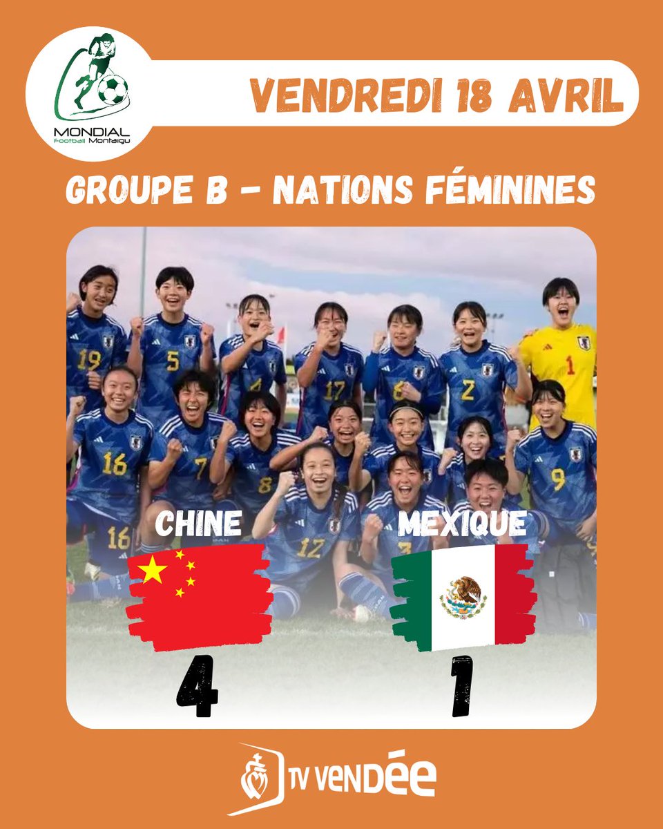 ⚽ MONDIAL FOOTBALL DE MONTAIGU ⚽
📢RESULTATS DU VENDREDI 18 AVRIL📢
La France🇨🇵 manque l'occasion de se qualifier en finale après sa défaite 1 but à 0 face au Japon🇯🇵 !
Ce sera donc une finale Japon-Chine dimanche soir, après le succès 4-1 de la Chine🇨🇳 face au Mexique🇲🇽 !