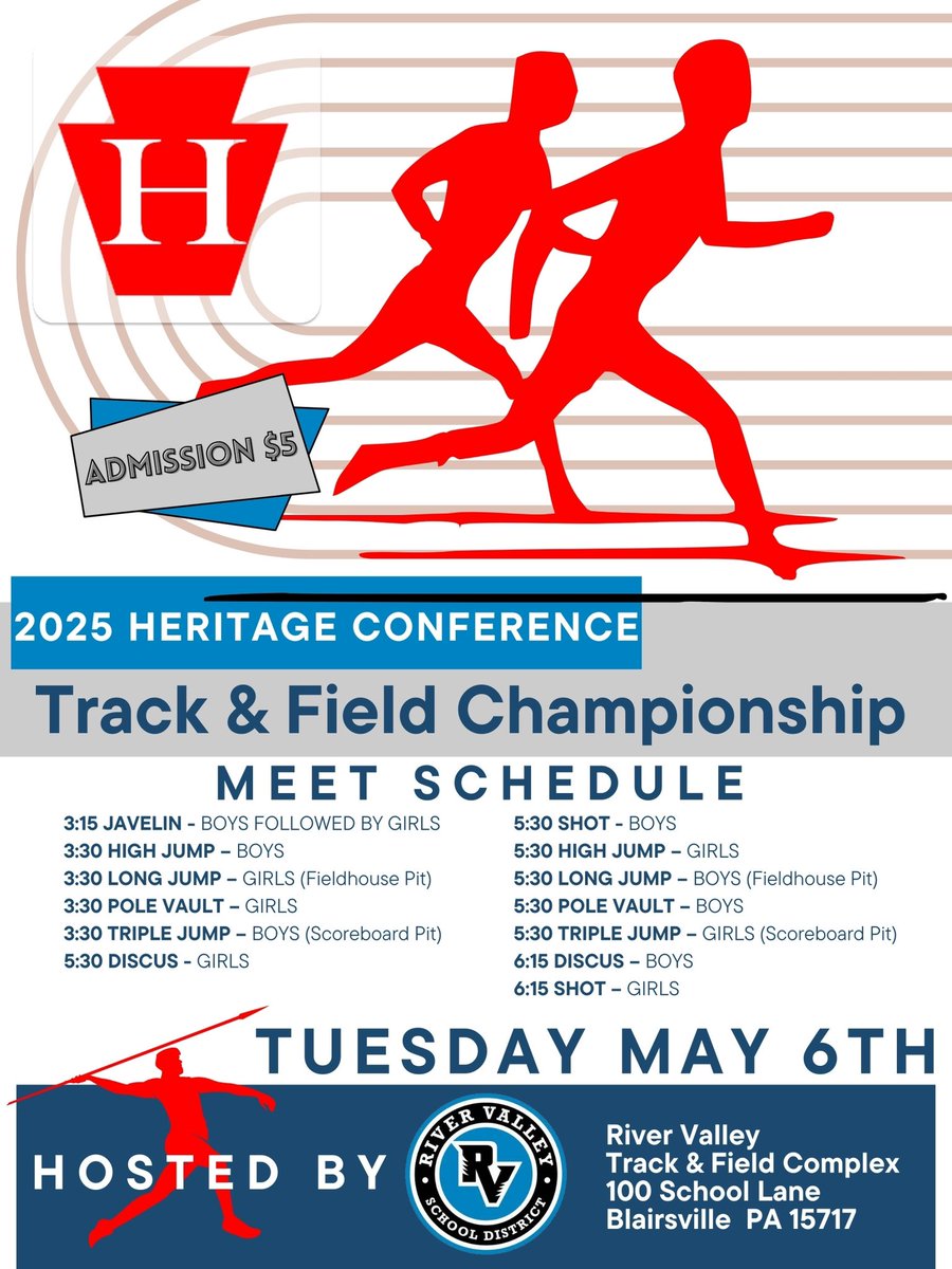 🏃‍♂️🔥 The 24th Annual Heritage Conference Track &amp; Field Championship Meet is Tuesday, May 6, 2025 at 3:15 PM — at River Valley High School in Blairsville, PA!

🎟️ $5 admission 

Don’t miss the action! 💪 #TrackAndField #HeritageConference
