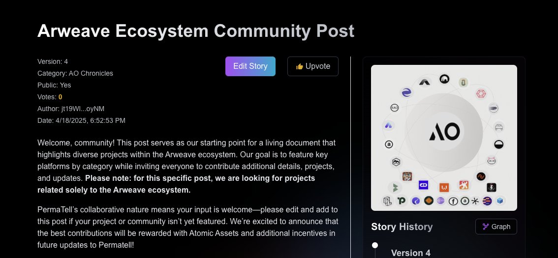 PermaTell's tweet image. A new community contribution story is on permatell.ar.io.

"Arweave Ecosystem Community Post"

Missed your community's link? Add it by creating a new story version.

#Permatell #Arweave