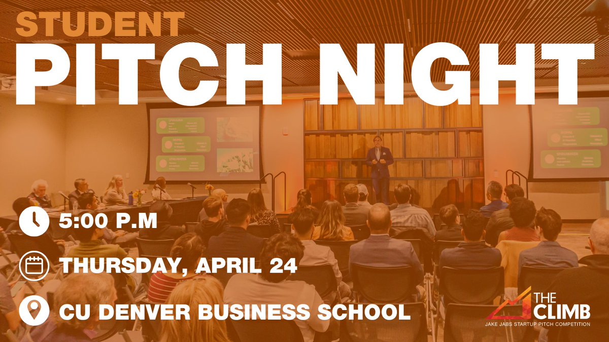 JakeJabsCenter's tweet image. Come cheer on CU Denver’s top student entrepreneurs as they pitch their big ideas for a chance to win 💸 $10,000! Whether you're into startups, networking, or just want to be inspired by your peers, this event is for YOU.
RSVP 👉 ucdenverdata.formstack.com/forms/theclimb…
