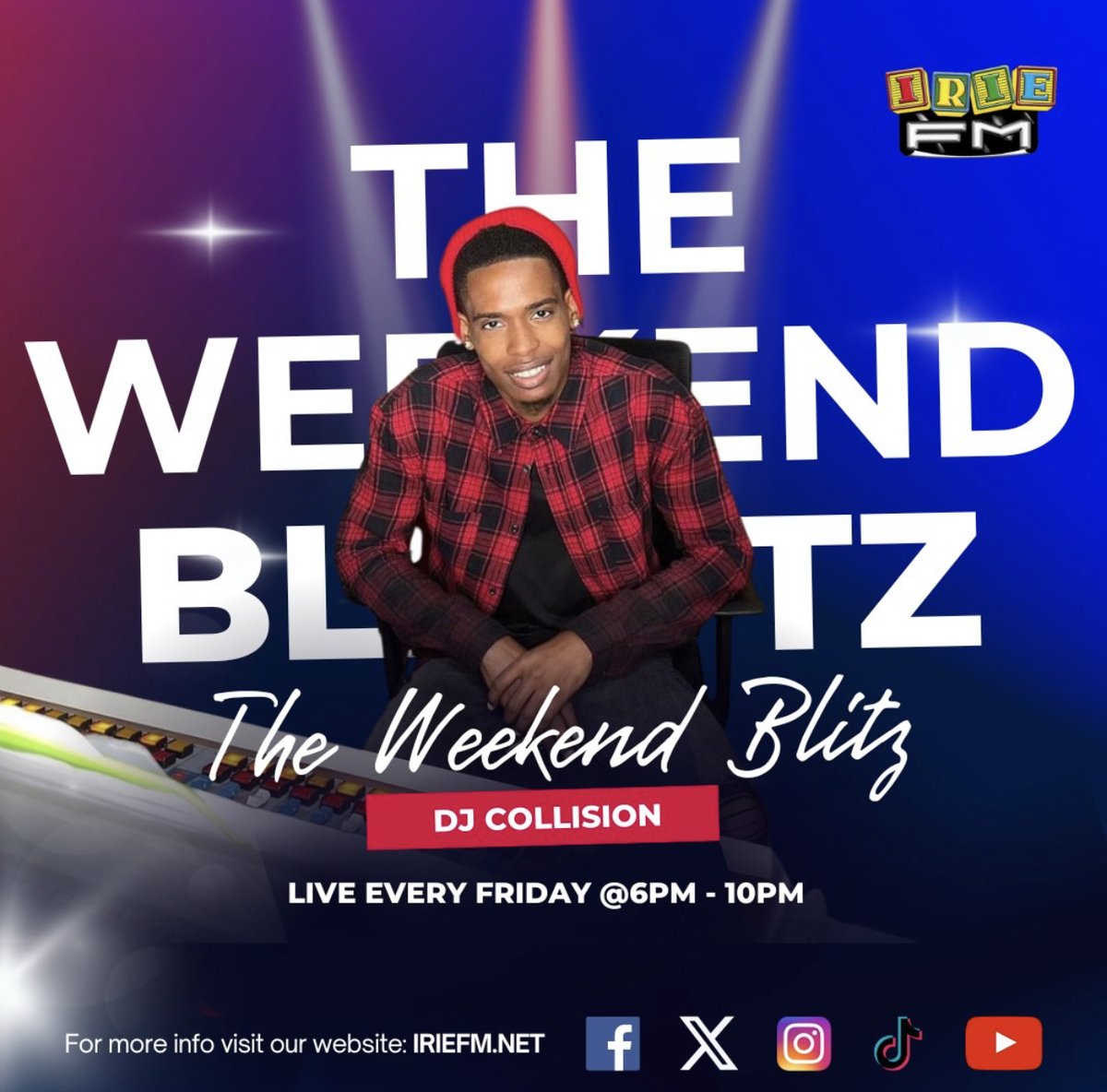 IRIE_FM's tweet photo. DJ Collision is live on IRIE FM with #TheWeekendBlitz! Tune in now to catch the hottest tracks and electrifying vibes. Perfect your weekend playlist with these hits. Don’t miss out! @djcollision #DJCollision #IRIEFM #WeekendVibes https://t.co/eGIIqqCY3y