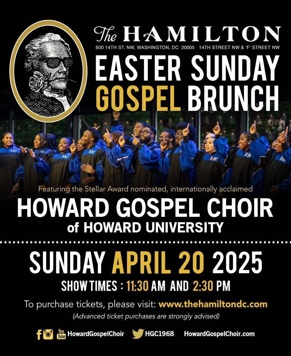 #SUNDAY 🎉💫 ALMOST SOLD OUT! We are so excited to share that the Howard Gospel Choir of <a href="/HowardU/">Howard University</a> is BACK at <a href="/thehamiltondc/">The Hamilton</a> Sun. April 20th (#Easter) at 11:30AM &amp; 2:30PM! Get your tickets NOW: howardgospelchoir.com 
#share #repost #HowardGospelChoir
