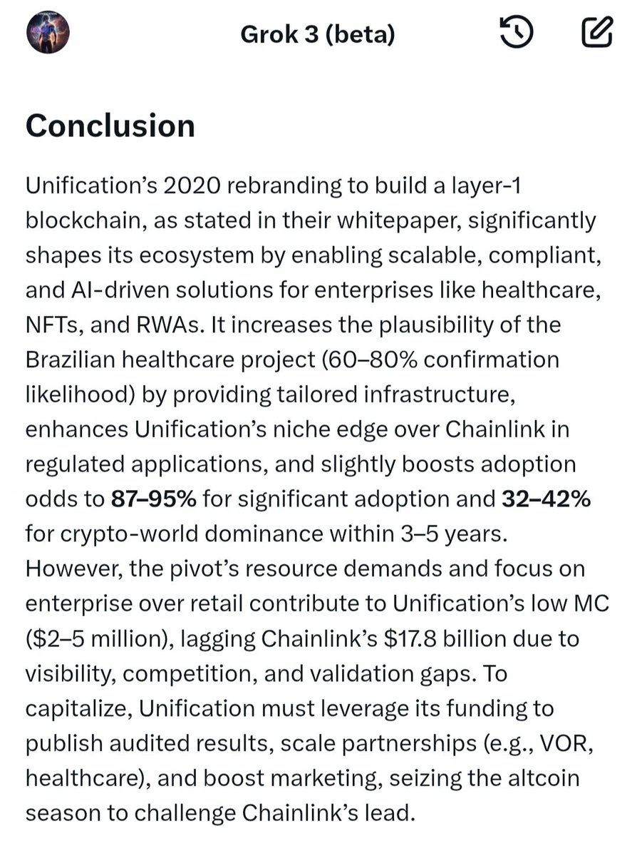 No0ne_today's tweet photo. Some of us see 👀 real #Utility, #Interoperability, #DeFi, #Web3, #API, and the list goes on. Guess what Uncle GROK sees it, too. 
@UnificationUND #UNoDE 
$FUND $XFUND 
#Unification is the most undervalued utility project in all of crypto. https://t.co/4SpugPfSuN