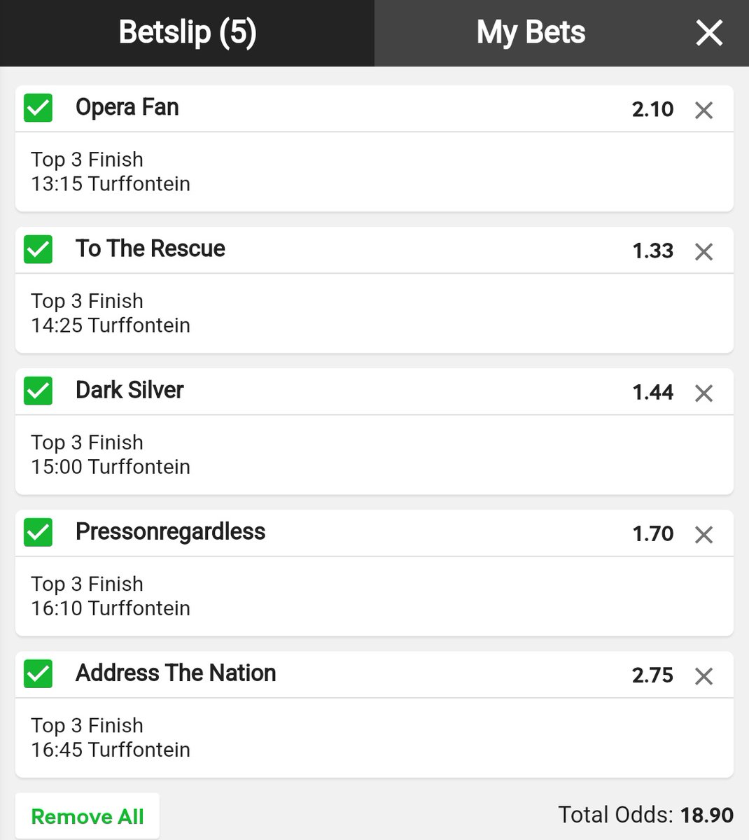 Turffontein Horse Racing 🐎💵📈💰🕯️🕯️🕯️

11EC436 - 70 odds
11EC456 - 36 odds 
11EC480 - 18 odds

Plug 🔌