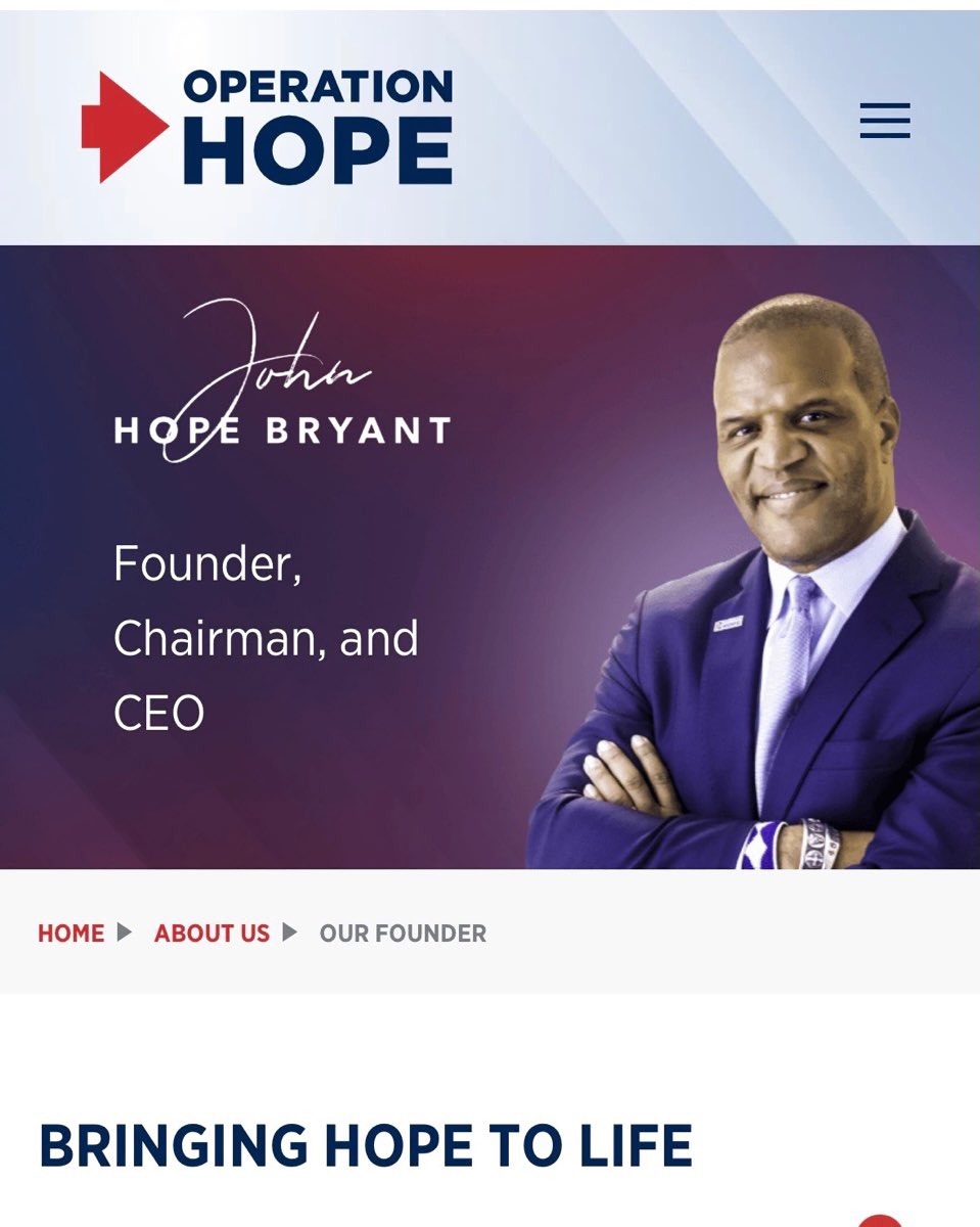 LauraLoomer's tweet photo. 22 MILLION VIEWS

BUT WAIT, THERE IS MORE: @elonmusk 

John Hope Bryant @johnhopebryant is a founding father of DEI. 

Operation HOPE, founded by John Hope Bryant, promotes DEI in America’s corporate boardrooms. Its Corporate Inclusion Initiative according to his website, “aims to level the representational playing field in corporate America by placing well-qualified minority candidates on company boards of directors, ensuring boardrooms reflect the ethnic and gender diversity of the country.”

How does this align with the Trump admin? Why do we have uppity black liberals in the Trump admin pushing DEI despite being career Trump haters? @SecScottBessent 

The uppity black liberal is just as obnoxious as the White liberal Karen, and they serve the same race pimp masters. 

It is also important to note that Operation HOPE’s Business Plan for America “emphasizes diversity and opportunity as cornerstones for economic growth, sustaining the United States’ position as a global leader, and ensuring shared prosperity.”

DEI needs to DIE. 

John Hope Bryant can’t be allowed to continue his work with the @USTreasury. 

See the receipts for yourself from @johnhopebryant’s own website to see how woke he is. 👇🏻

KEEP TRUMP HATERS AND DEI RACE PIMPS OUT OF THE WHITE HOUSE! 

@realDonaldTrump @JDVance