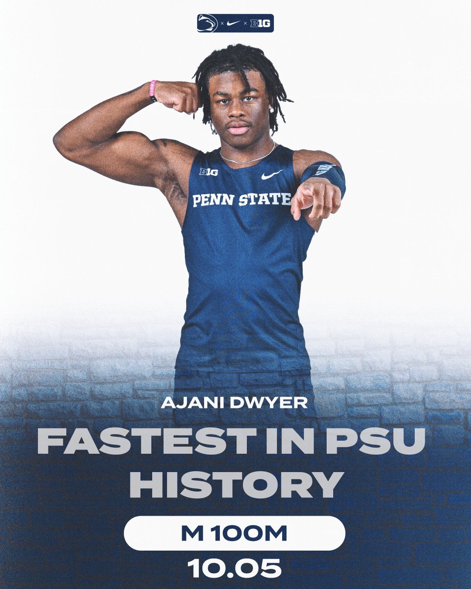 PennStateTFXC's tweet photo. Fastest under all conditions ⚡️

Ajani Dwyer ran the fastest 100m time in Penn State history under all conditions at a time of 10.05 at the Virginia Challenge! 

#WeAre | #PSUTF https://t.co/9LyRlk3HJU