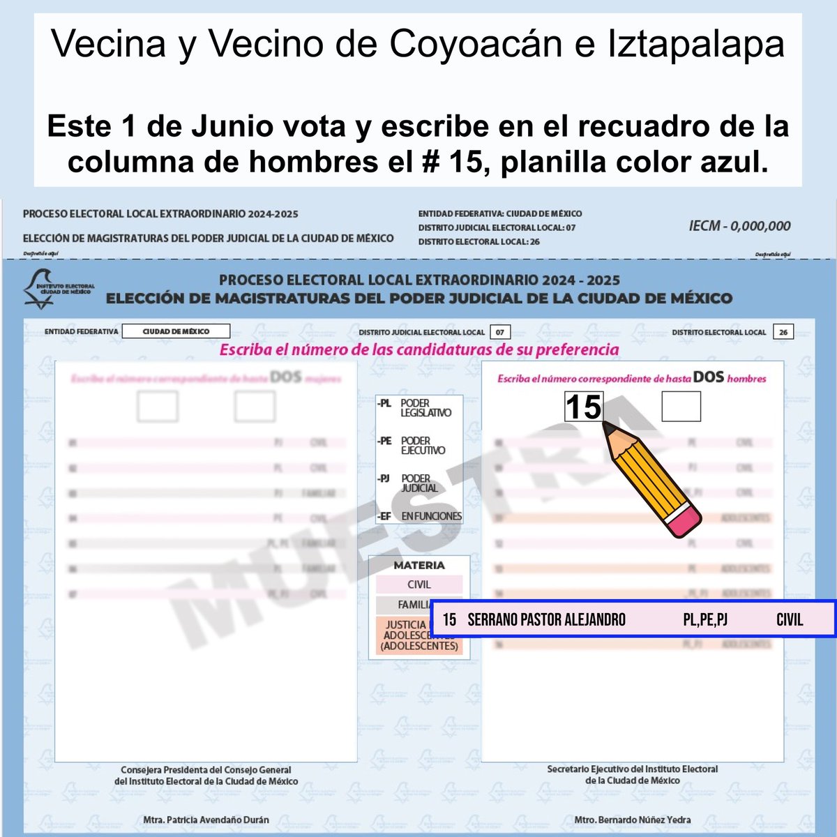 SerranoAlexP's tweet photo. 📢 Porque si tú no eliges a tus representantes del Poder Judicial de la CDMX, otros lo harán por ti.
 👊 Por una justicia cercana a la gente, ¡IGUALDAD Y JUSTICIA PARA TODOS! 
👇 ¿Tienes dudas? Escríbeme en comentarios. https://t.co/07nNQcpkpk