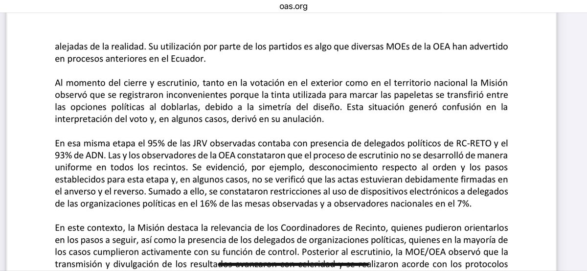 joffrecampana's tweet photo. https://t.co/HxCjWyRpDX

Una vez que he leído con detenimiento el informe preliminar de la OEA sobre las elecciones, destaco los siguientes puntos.
- Posible uso de recursos públicos en proceso electoral en beneficio de candidatura de ADN
- Desigualdad de condiciones en la contienda por no hacer uso de licencia
- Anulación de votos por el tipo de tinta utilizado, ya que al marcar el voto y doblar la papeleta automáticamente se mancha el otro casillero.
-Prohibición de tomar fotos se extendió a la imposibilidad de fotografiar algunas Actas.
- Algunas actas no cuentan con firmas de responsabilidad.

El informe no se pronuncia sobre si los hallazgos son suficientes o no como para configurar un fraude en sentido formal.

Sin embargo, queda claro que se jugó con cancha inclinada.
Jugar con cancha inclinada constituye, sin duda alguna, un fraude a la democracia.