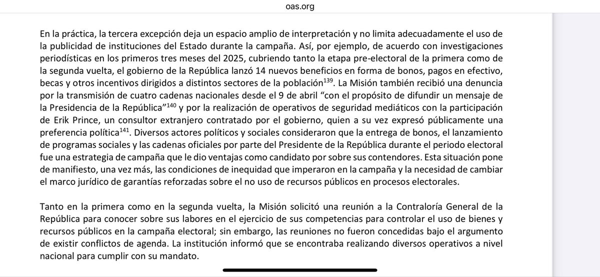 joffrecampana's tweet photo. https://t.co/HxCjWyRpDX

Una vez que he leído con detenimiento el informe preliminar de la OEA sobre las elecciones, destaco los siguientes puntos.
- Posible uso de recursos públicos en proceso electoral en beneficio de candidatura de ADN
- Desigualdad de condiciones en la contienda por no hacer uso de licencia
- Anulación de votos por el tipo de tinta utilizado, ya que al marcar el voto y doblar la papeleta automáticamente se mancha el otro casillero.
-Prohibición de tomar fotos se extendió a la imposibilidad de fotografiar algunas Actas.
- Algunas actas no cuentan con firmas de responsabilidad.

El informe no se pronuncia sobre si los hallazgos son suficientes o no como para configurar un fraude en sentido formal.

Sin embargo, queda claro que se jugó con cancha inclinada.
Jugar con cancha inclinada constituye, sin duda alguna, un fraude a la democracia.