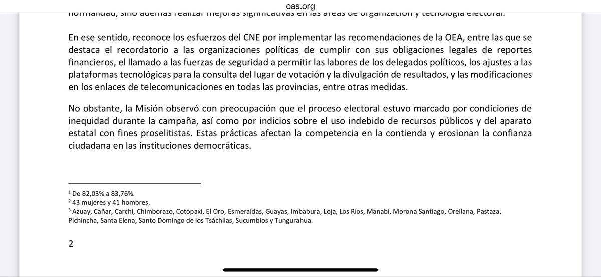 joffrecampana's tweet photo. https://t.co/HxCjWyRpDX

Una vez que he leído con detenimiento el informe preliminar de la OEA sobre las elecciones, destaco los siguientes puntos.
- Posible uso de recursos públicos en proceso electoral en beneficio de candidatura de ADN
- Desigualdad de condiciones en la contienda por no hacer uso de licencia
- Anulación de votos por el tipo de tinta utilizado, ya que al marcar el voto y doblar la papeleta automáticamente se mancha el otro casillero.
-Prohibición de tomar fotos se extendió a la imposibilidad de fotografiar algunas Actas.
- Algunas actas no cuentan con firmas de responsabilidad.

El informe no se pronuncia sobre si los hallazgos son suficientes o no como para configurar un fraude en sentido formal.

Sin embargo, queda claro que se jugó con cancha inclinada.
Jugar con cancha inclinada constituye, sin duda alguna, un fraude a la democracia.
