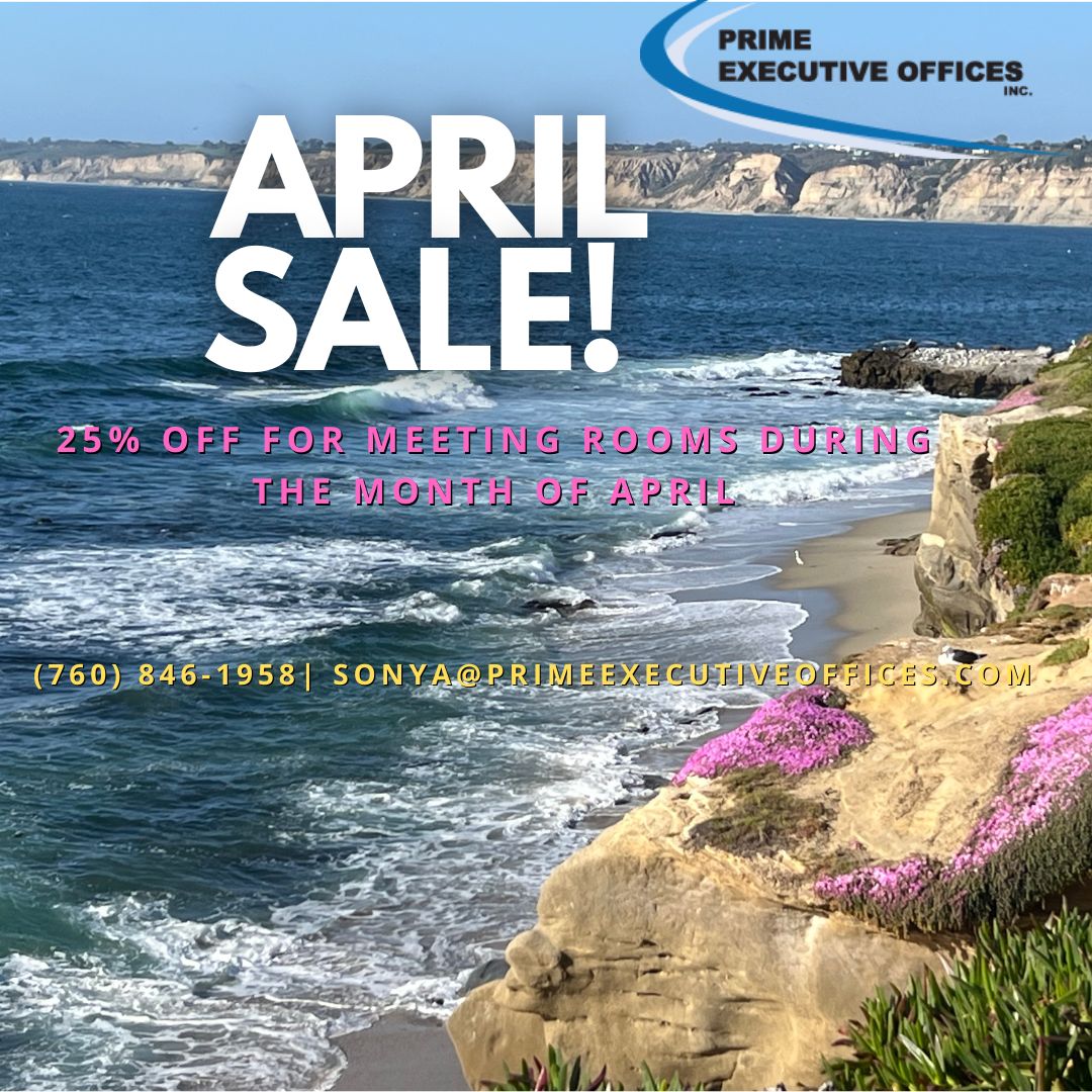 PrimeExecOffice's tweet photo. Don't miss out on our April sale!
We are offering 25% off all meeting room and day office reservations during the month of April. Call now 760.846.1958 . #meetingroom #dayoffice #conferenceroom #privateoffice #officerental #workspace #Carlsbad #SanDiego #PrimeExecutiveOffices https://t.co/9a2koW2bgM