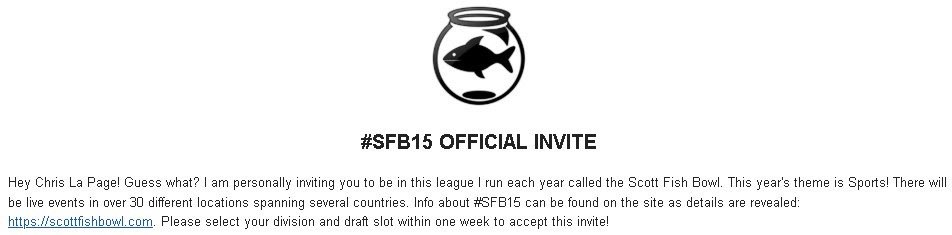 Cj La Page (@fflapudge) on Twitter photo Pumped about my FIRST #SFB15 invite and more importantly helping <a href="/FFCommish_YIS/">The Fantasy Nobody</a> volunteer for Michigan's Live Draft on 7/19 in Detroit. Let's Go <a href="/fantasynowplus/">FantasyNow+</a> stoked drafting with <a href="/FFCommish_YIS/">The Fantasy Nobody</a> in Cincy on 6/22 Pumped about my FIRST #SFB15 invite and more importantly helping <a href="/FFCommish_YIS/">The Fantasy Nobody</a> volunteer for Michigan's Live Draft on 7/19 in Detroit. Let's Go <a href="/fantasynowplus/">FantasyNow+</a> stoked drafting with <a href="/FFCommish_YIS/">The Fantasy Nobody</a> in Cincy on 6/22