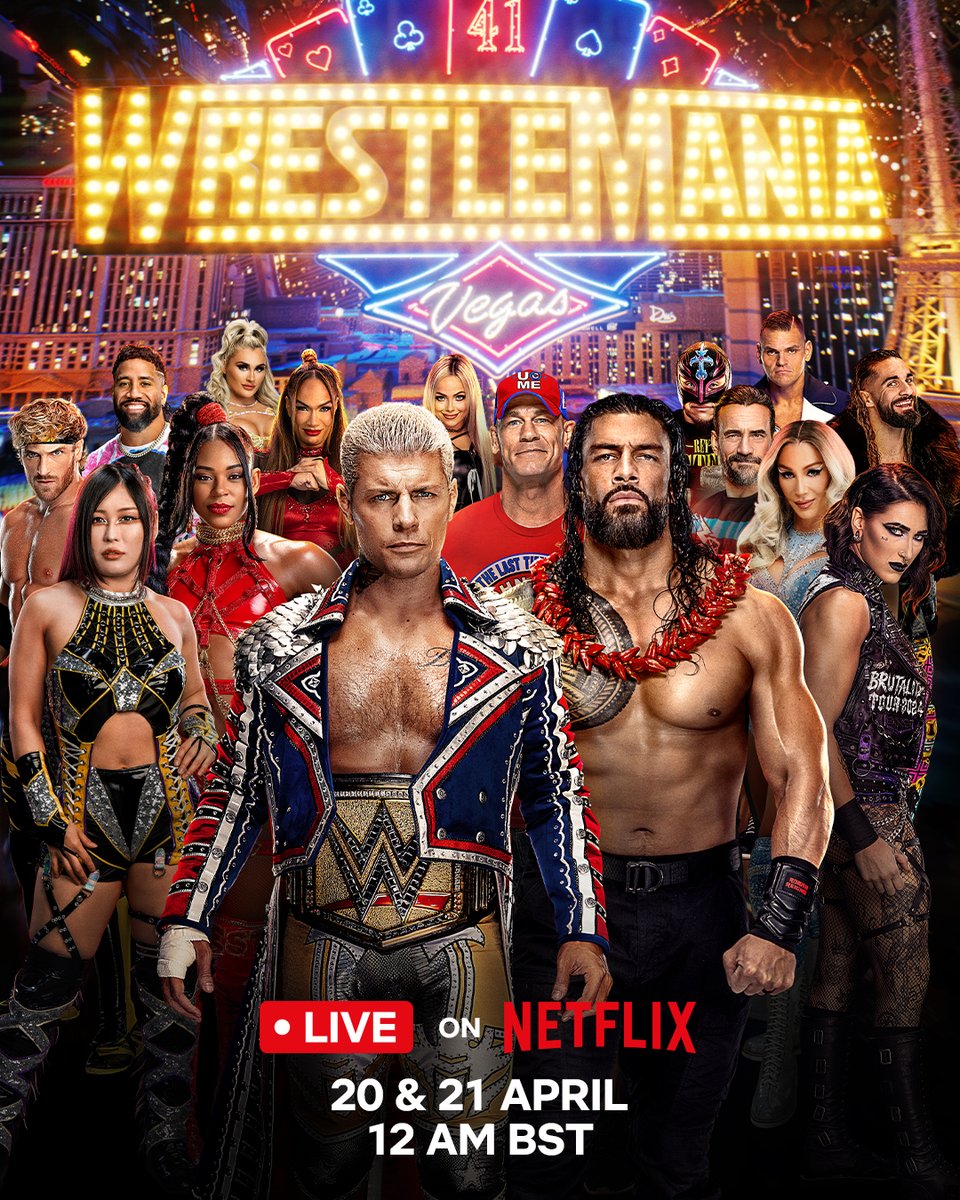 NetflixUK's tweet photo. THE FIRST #WRESTLEMANIA OF THE NETFLIX ERA 🍿

LIVE in 6 HOURS! 💥 https://t.co/x4iql9V85U