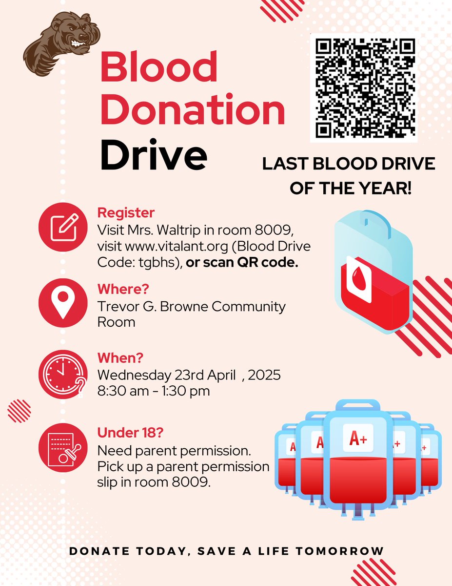 Bruins, if you're able, please consider donating blood during our final blood drive of the year on Wednesday, April 23rd.  Your donation helps save lives!  Please see Ms. Waltrip in room 8009 if you have any questions! #donateblood #onceabruinalwaysabruin