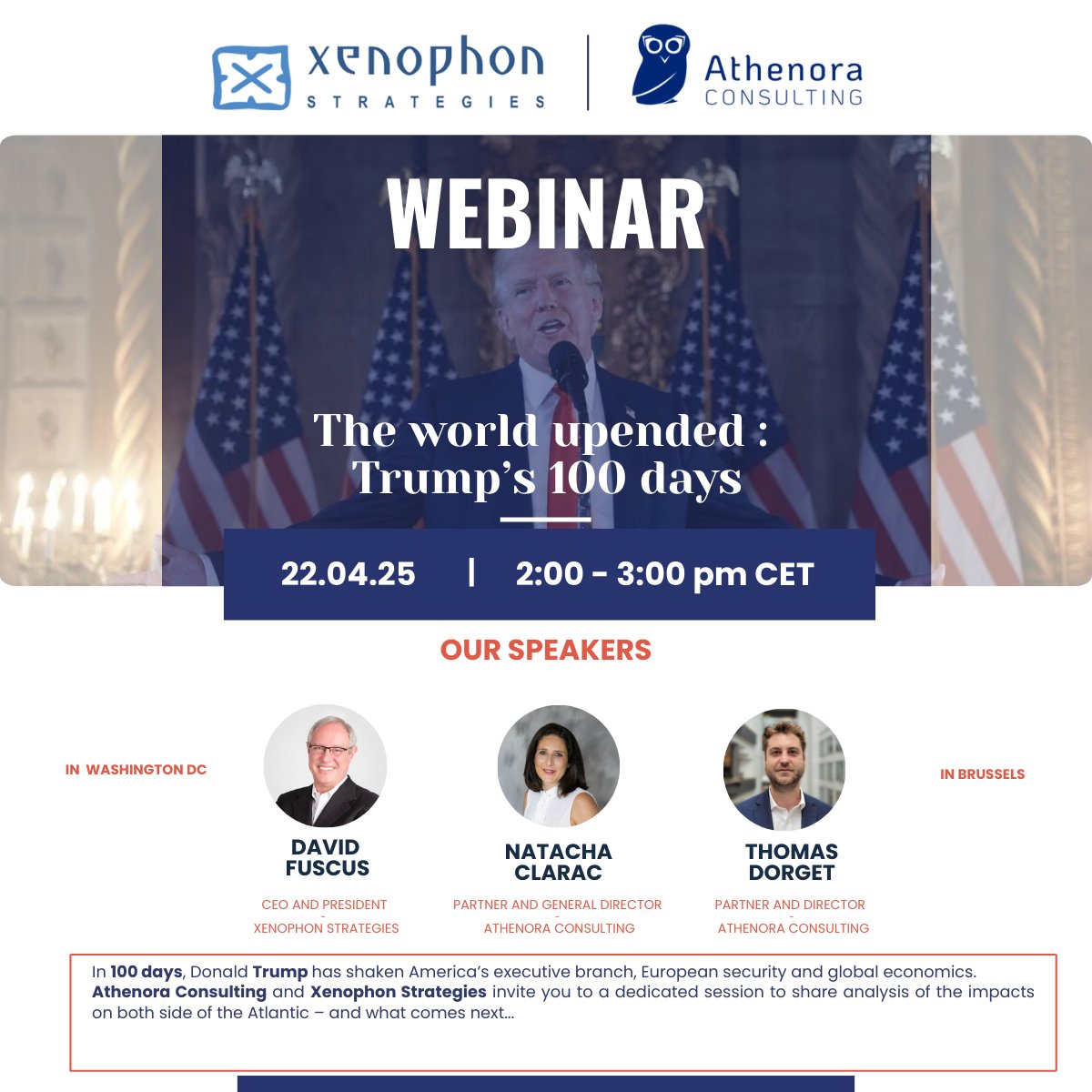 Excited to announce that I'll be joining Natacha Clarac of Athenora Consulting for an insightful webinar, "The World Upended," this Tuesday, April 22, from 8:00 AM to 9:00 AM ET. 

We'll be exploring the significant economic and political changes that have occurred during the
