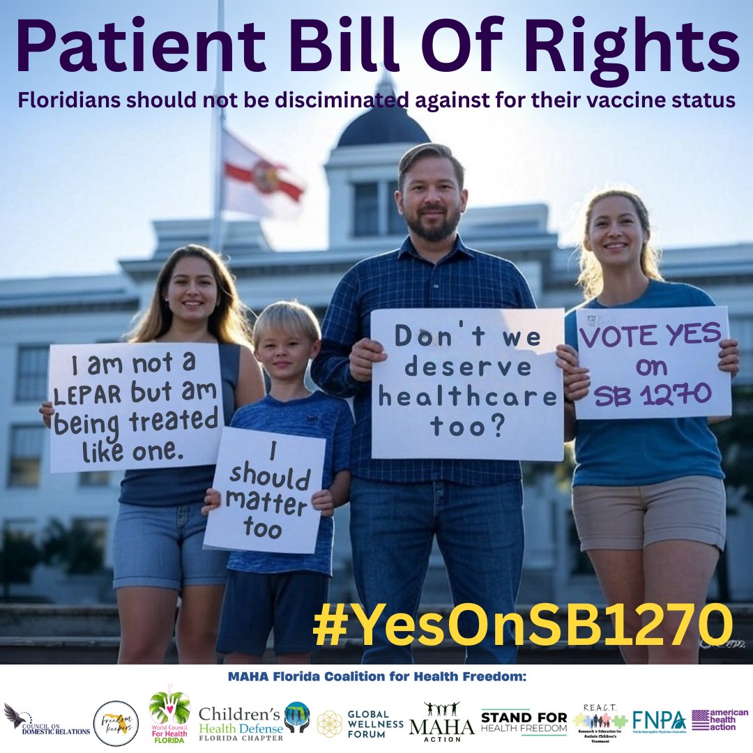 FLORIDA ACTION NEEDED!🚨🚨🚨🚨🚨
SB 1270: The Patient Bill of Rights Bill, which stops medical providers, medical facilities, and educational institutions from discriminating solely for a person’s vaccine status, does not have the votes in its final Senate committee nor the Floor