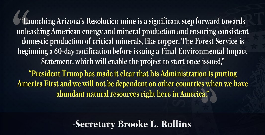 Dept. of Agriculture (@usda) on Twitter photo A statement from U.S. Secretary of Agriculture Brooke L. Rollins on the republication of the Final Environmental Impact Statement for the Resolution Copper Mine land exchange in Arizona in 60 days:
<a href="/SecRollins/">Secretary Brooke Rollins</a> <a href="/WhiteHouse/">The White House</a> <a href="/POTUS/">President Donald J. Trump</a> A statement from U.S. Secretary of Agriculture Brooke L. Rollins on the republication of the Final Environmental Impact Statement for the Resolution Copper Mine land exchange in Arizona in 60 days:
<a href="/SecRollins/">Secretary Brooke Rollins</a> <a href="/WhiteHouse/">The White House</a> <a href="/POTUS/">President Donald J. Trump</a>