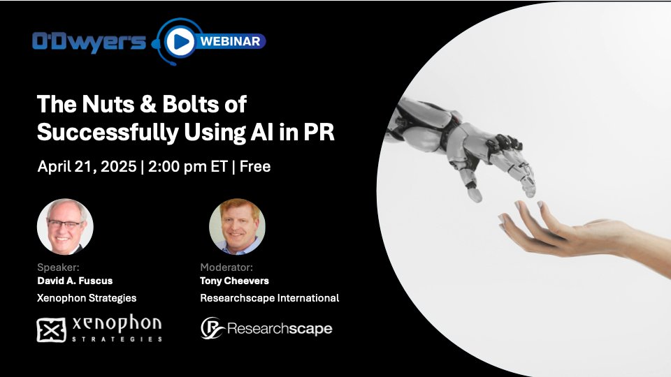 This Monday I will be sharing my insights on the intersection of traditional PR and artificial intelligence during the O’Dwyer webinar, "The Nuts &amp; Bolts of Successfully Using AI in PR."

Join me along with moderator Tony Cheevers from Researchscape International, for a deep dive