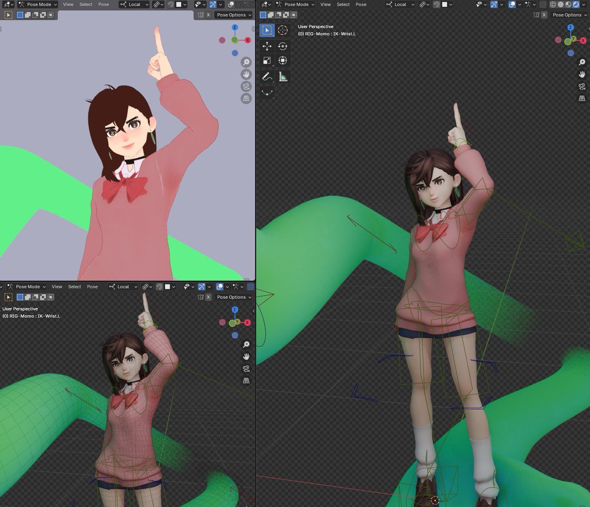 Mineto32's tweet photo. I've started a character rigging series based on Dandadan — here’s the first one: Momo Ayase! 
 
#Blender #b3D https://t.co/pn6NjSivxN